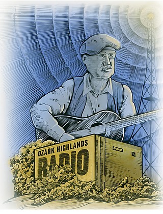 Ozark Highlands Radio illustration of a musician playing guitar beside a radio crate